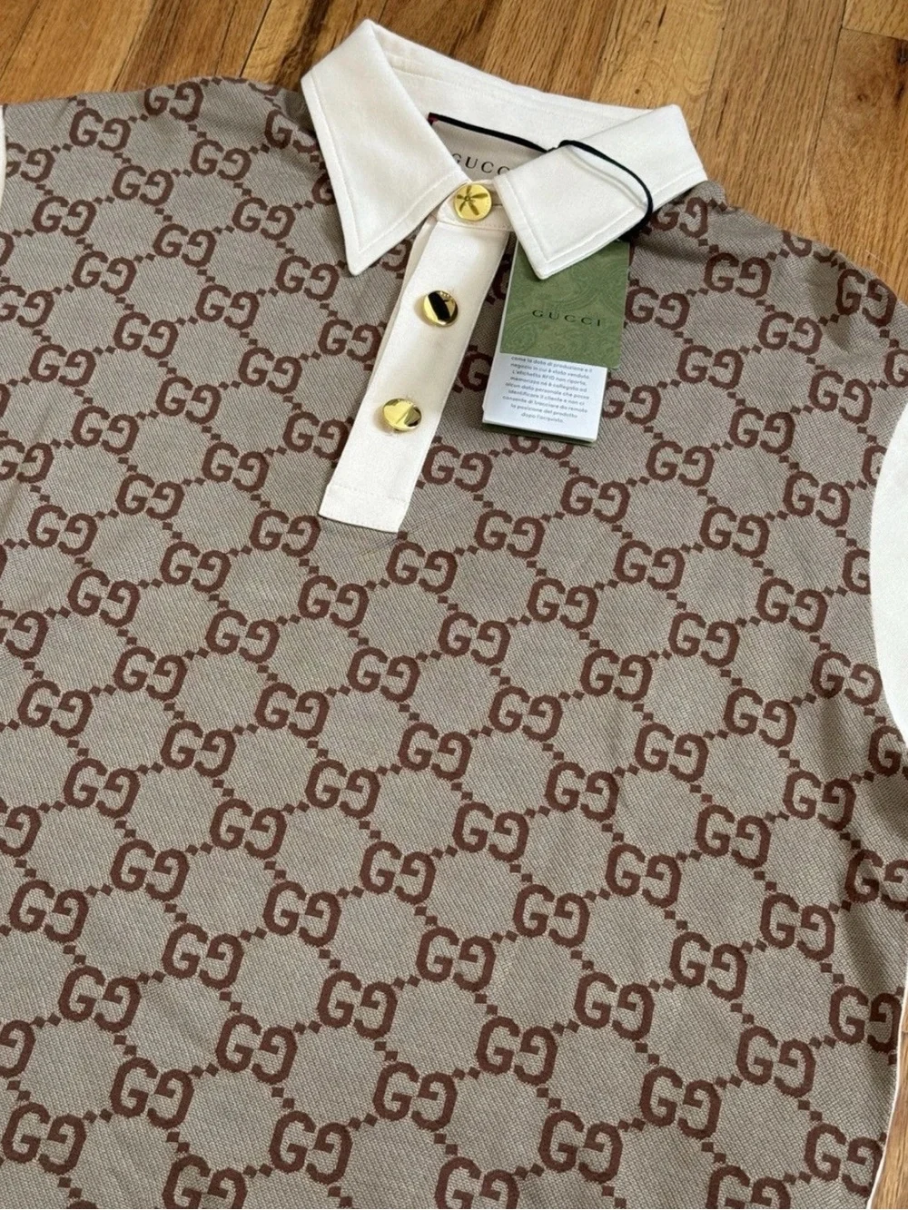 Gucci Brown GG Monogram Polo with White Sleeves